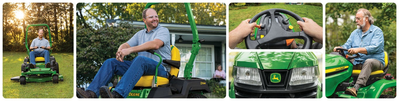 Montage of two people cutting grass in a Z530M Zero-Turn Lawnmower and X350 Lawn Tractor, respectively.